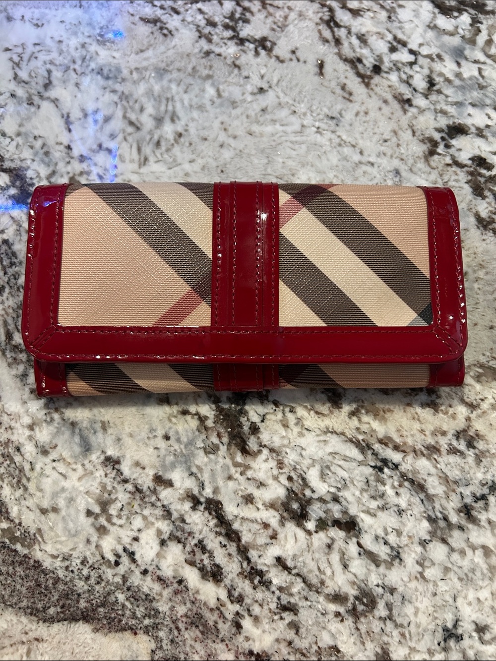 Burberry Beige Plaid Wallet with Red Patent Trim EUC